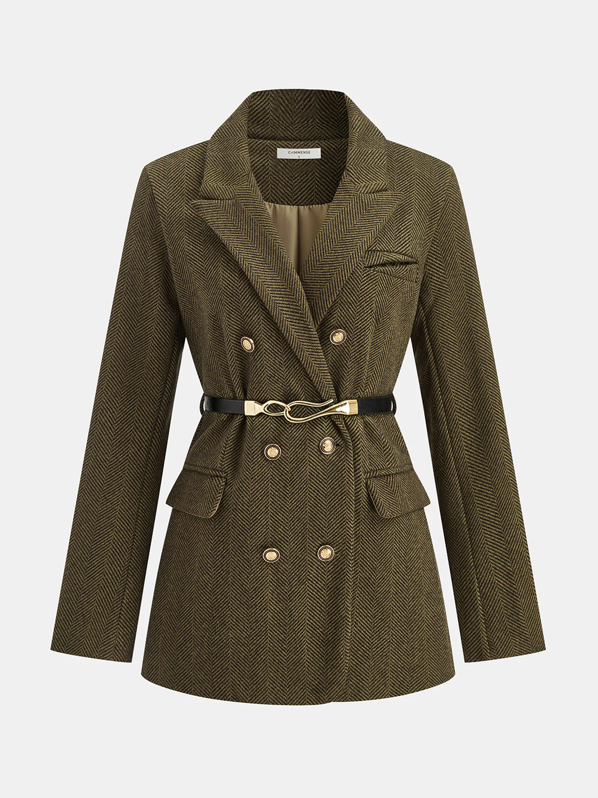 Belted Herringbone Double-Breasted Blazer - Wholesalesil