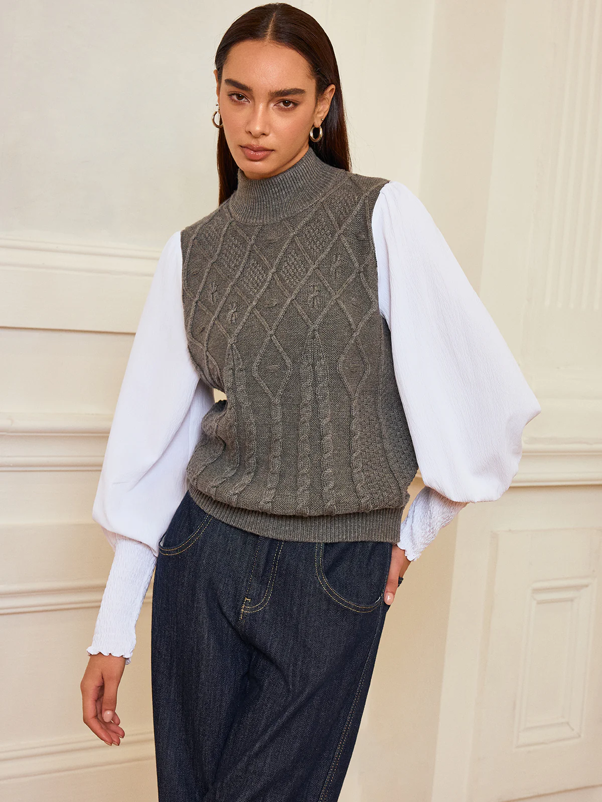 Leg-Of-Mutton Sleeve Panel Cable-Knit Sweater - Wholesalesil
