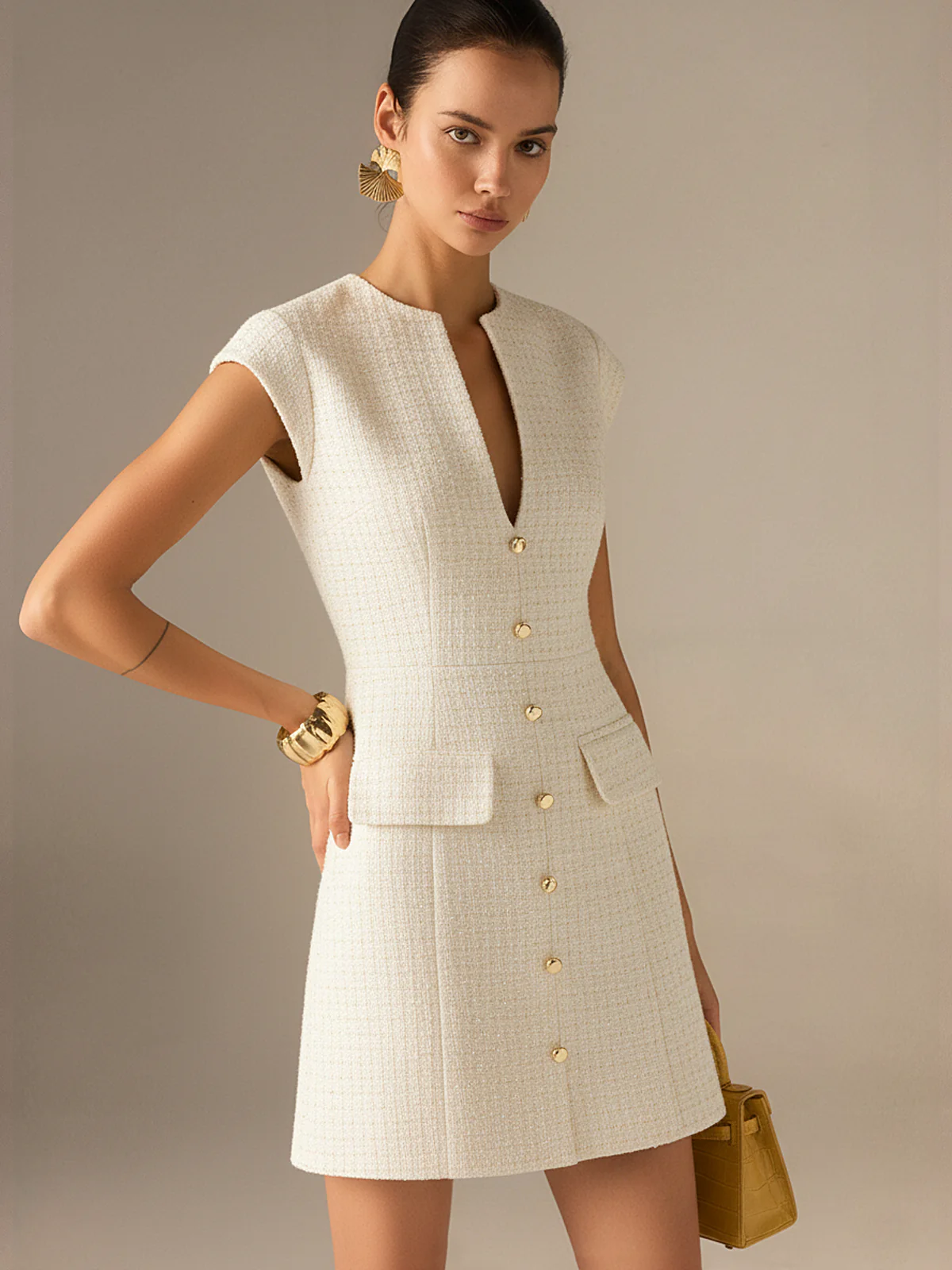 Metal Button Tweed Sleeveless Mini Dress - Wholesalesil