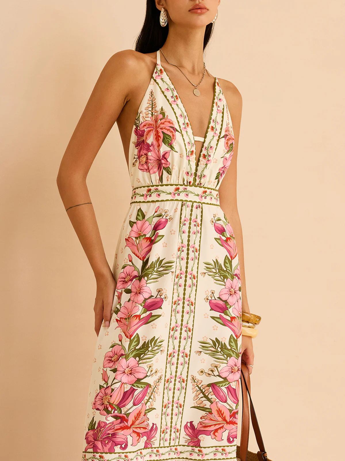 Floral Print Halter Backless Maxi Dress - Wholesalesil