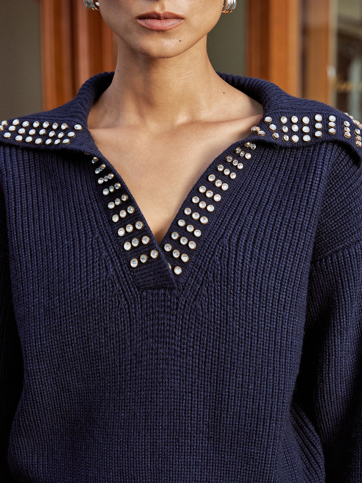Studded Collar Wool Blend V-Neck Sweater - Wholesalesil
