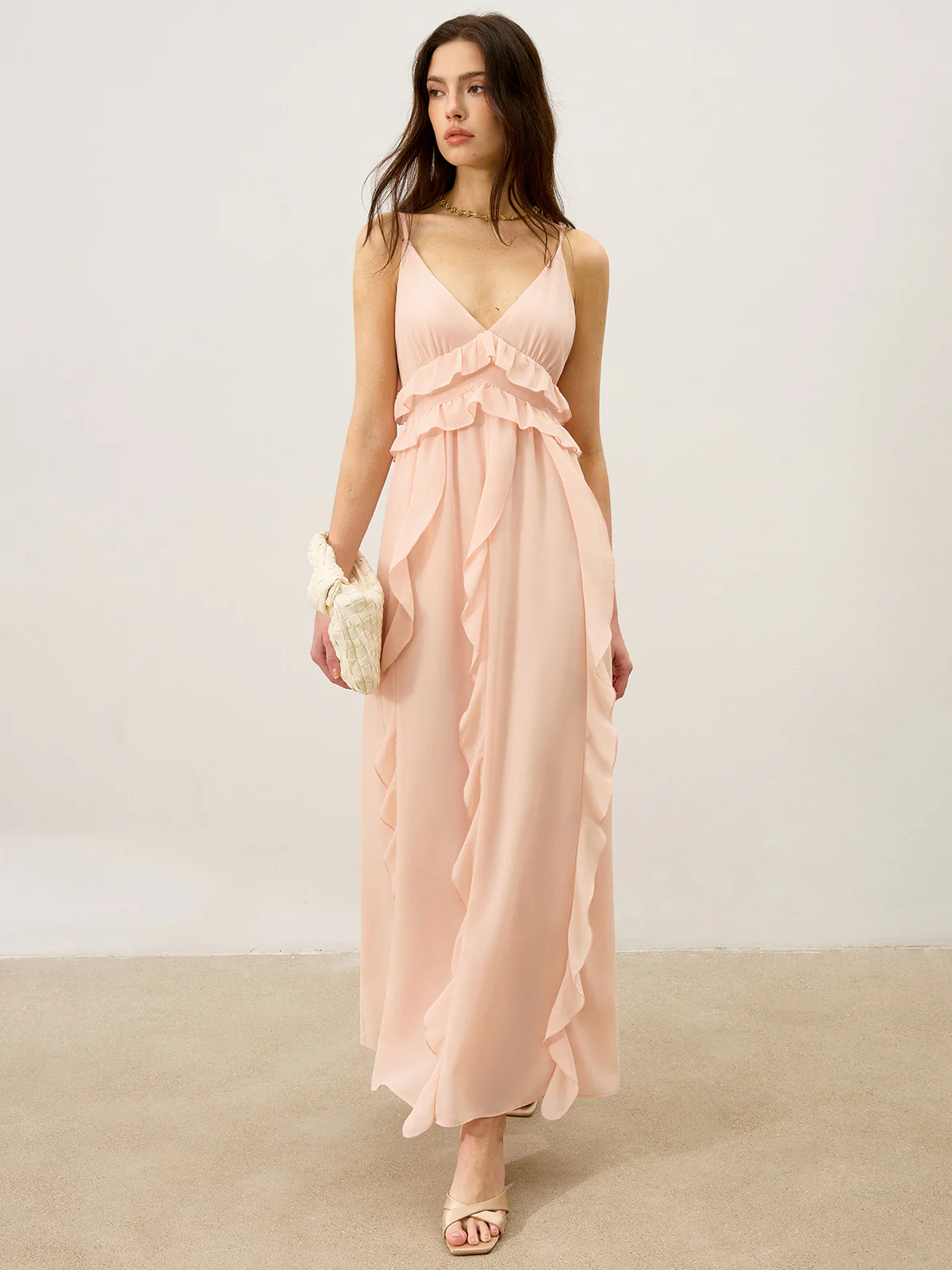 Semi-Sheer Chiffon Ruffle Trim Maxi Dress - Wholesalesil