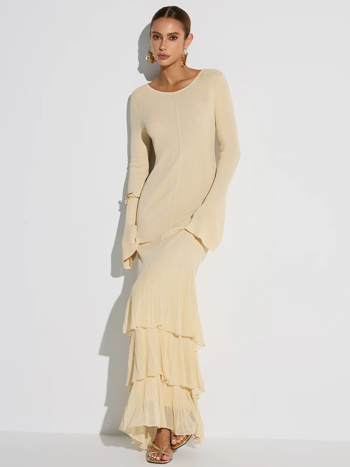 Layered Ruffled Hem Knit Maxi Dress - Wholesalesil