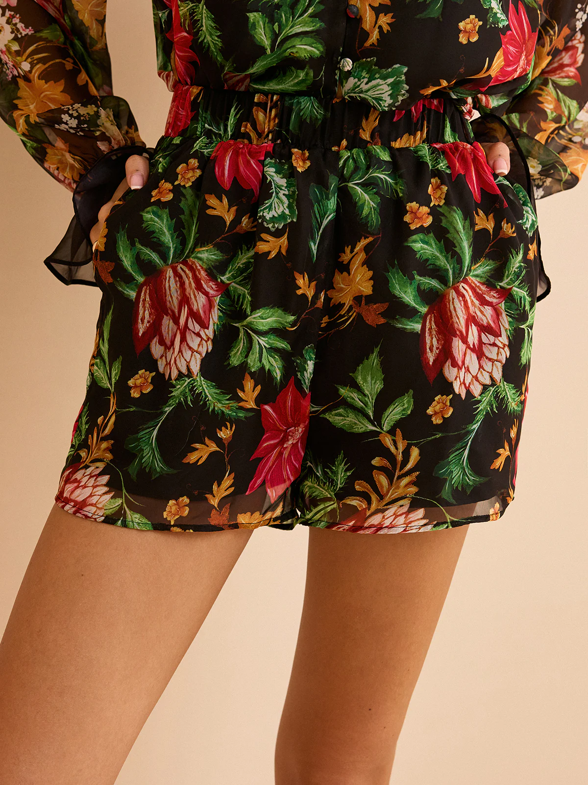 Chiffon Floral Print Elastic Waist Shorts - Wholesalesil