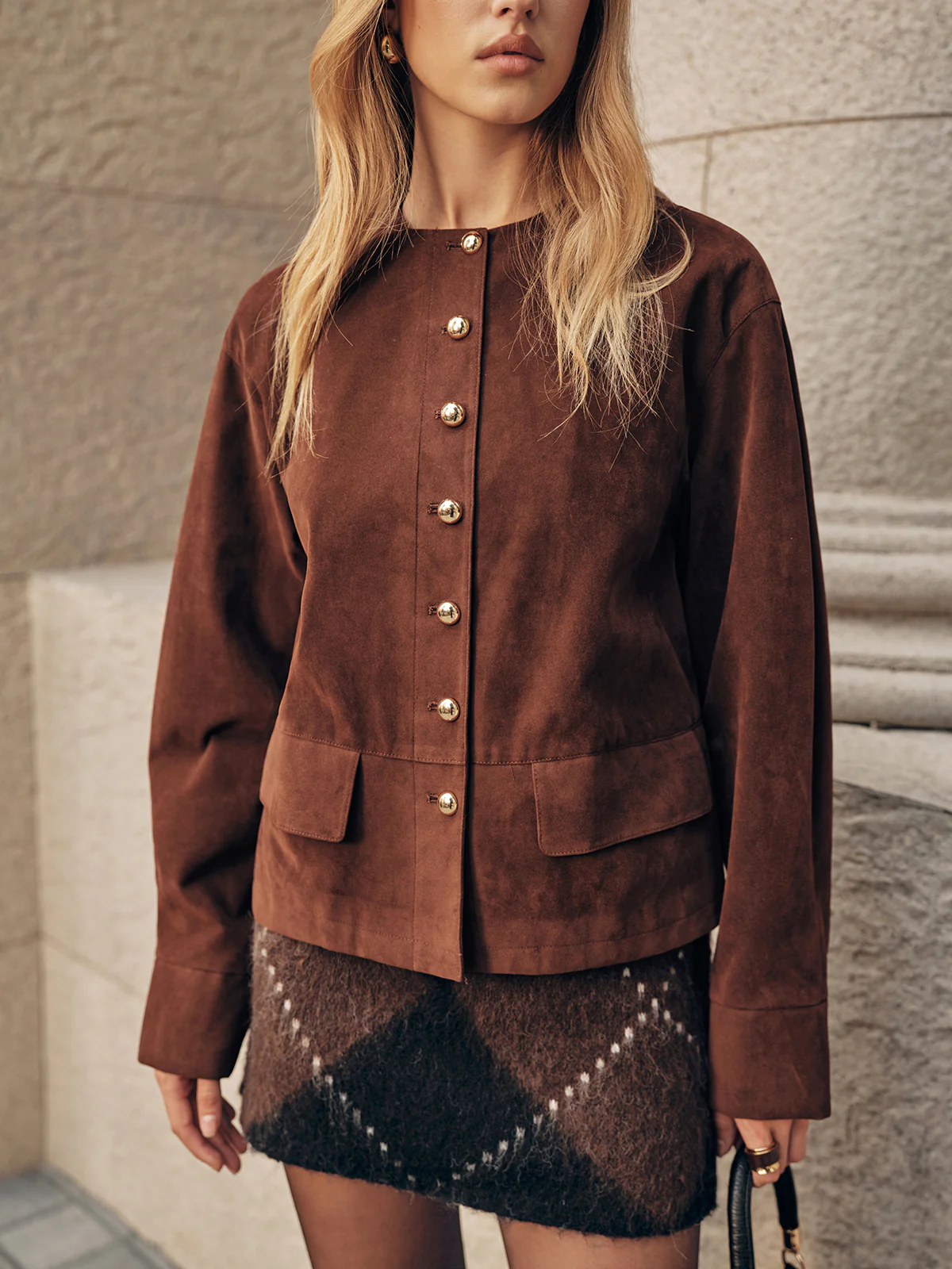 Metal Button Suede Effect Jacket - Wholesalesil