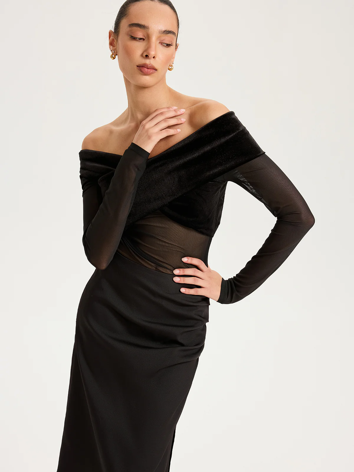 Mesh Paneled Velvet Off-Shoulder Long Sleeve Top - Wholesalesil