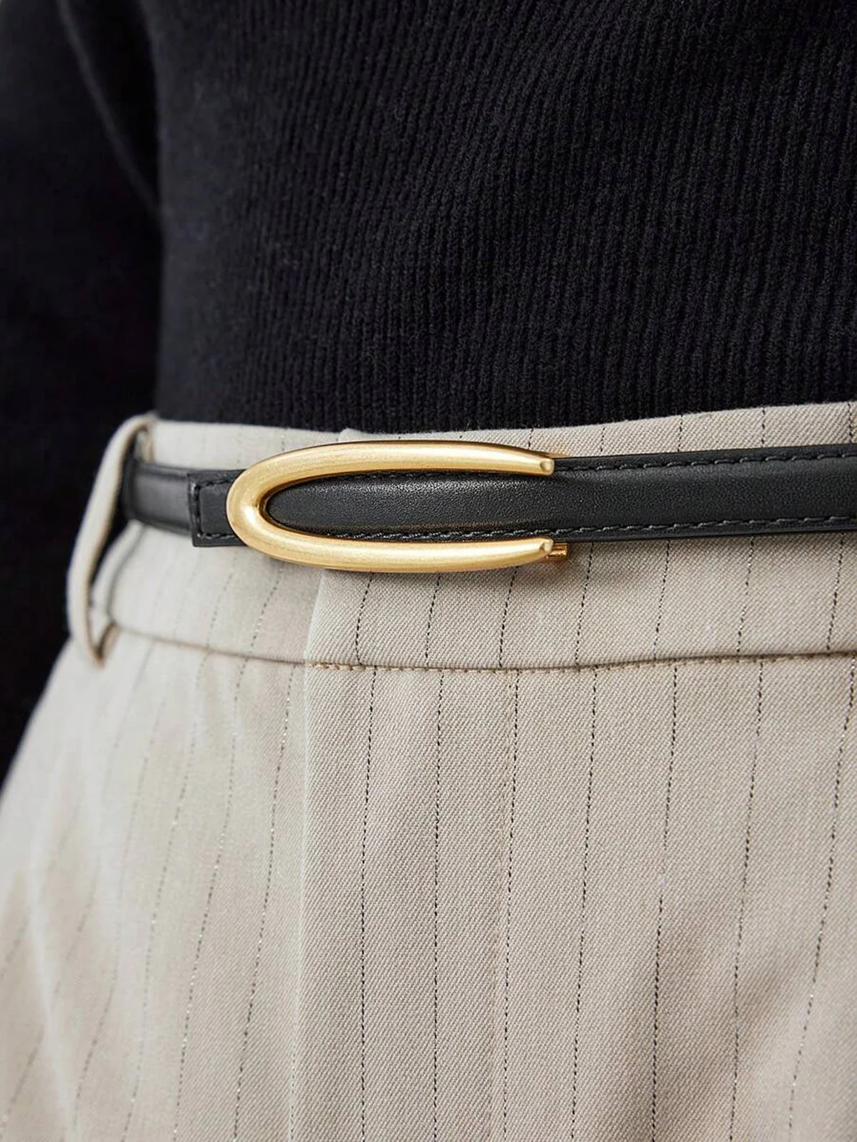 Gold Oval Buckle PU Leather Thin Belt - Wholesalesil