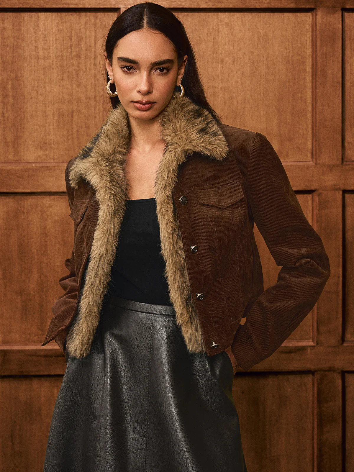 Faux Fur Collar Corduroy Jacket - Wholesalesil