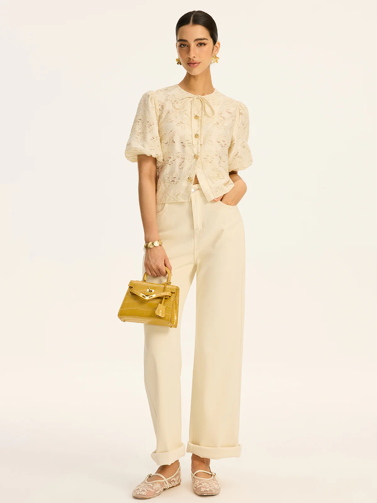 Semi-Sheer Jacquard Metal Button Cotton-Blend Top - Wholesalesil