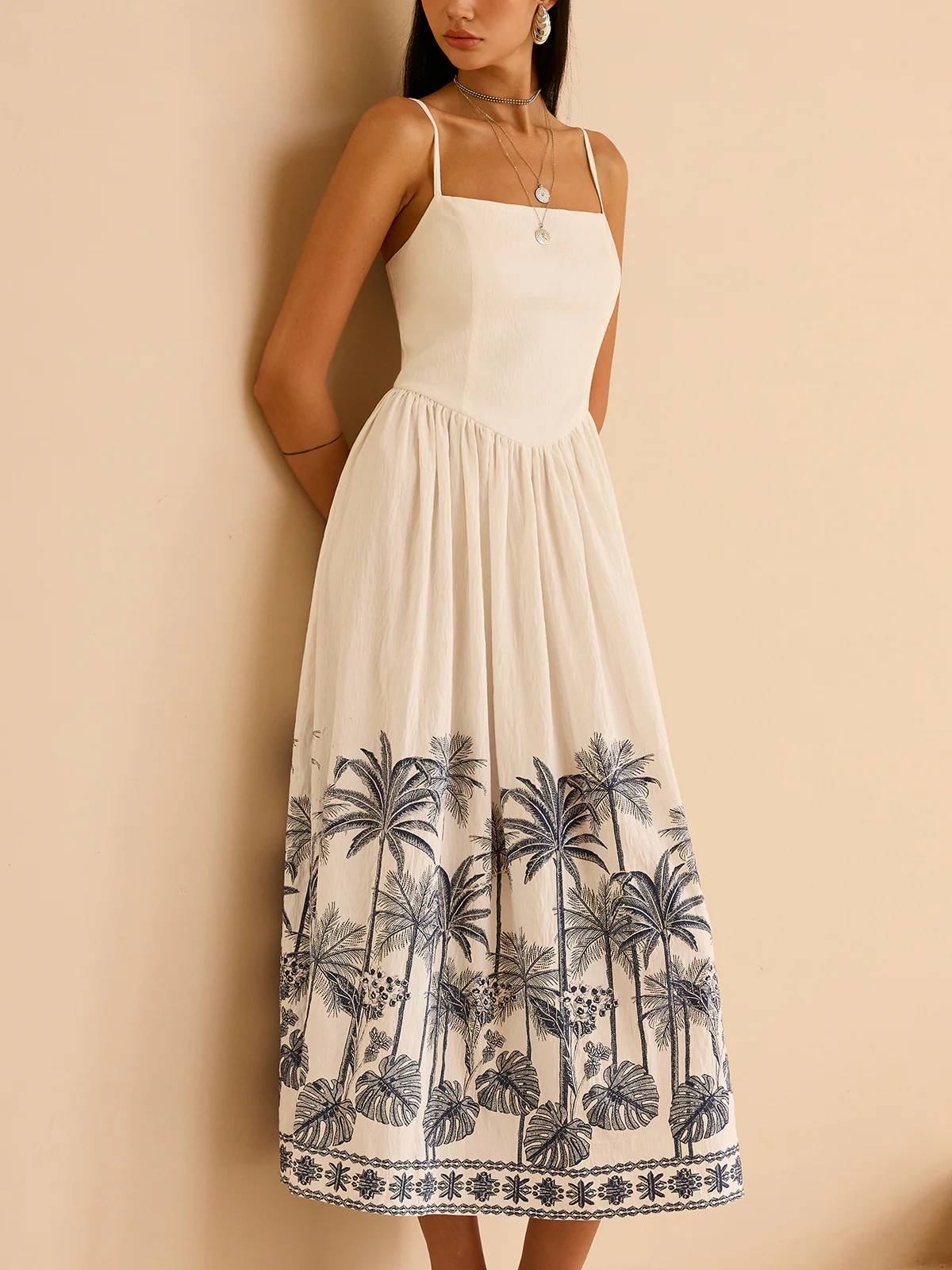 Semi-Sheer Tropical Palm Print Tie-Back Maxi Dress - Wholesalesil
