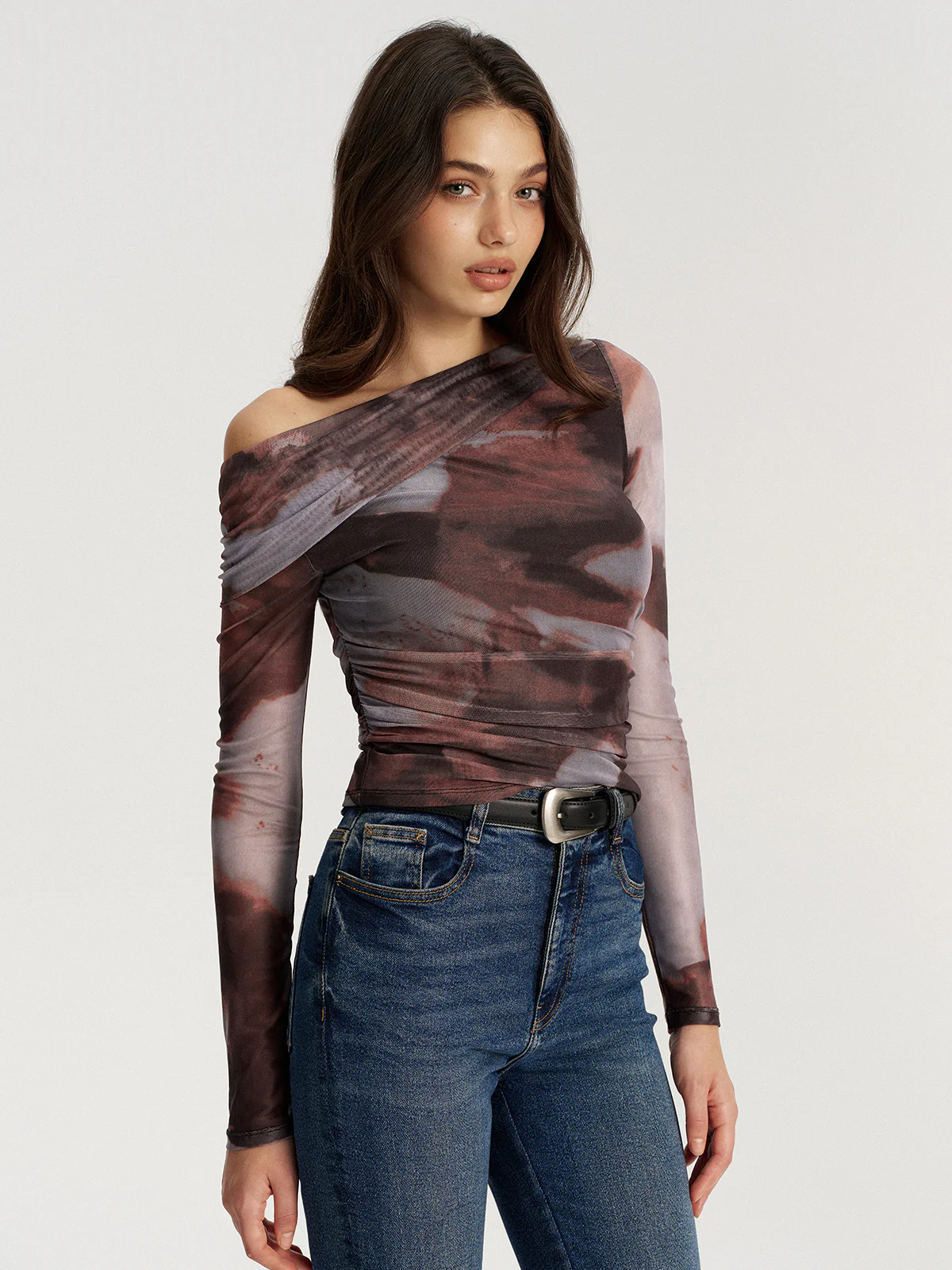 One Shoulder Abstract Print Mesh Ruched Top - Wholesalesil