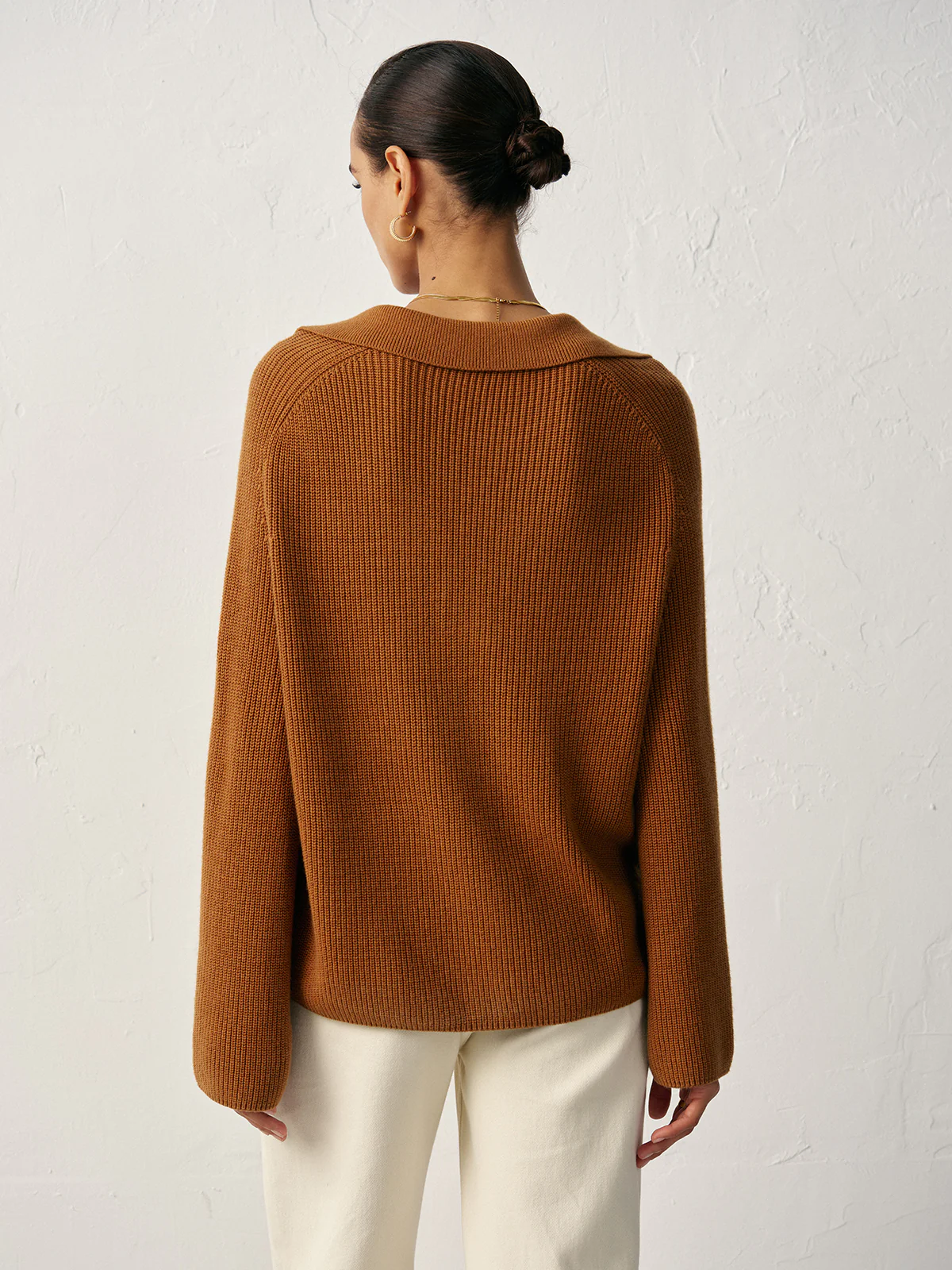 Wool Blend Polo Collar V-Neck Sweater - Wholesalesil