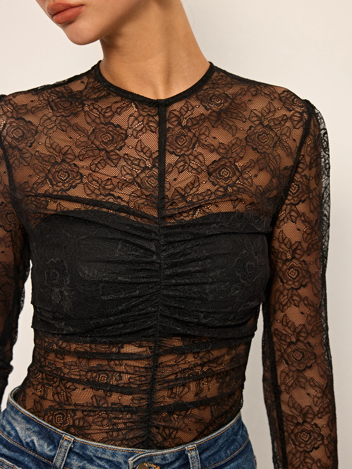 Semi-Sheer Lace Ruched Long Sleeve Top - Wholesalesil