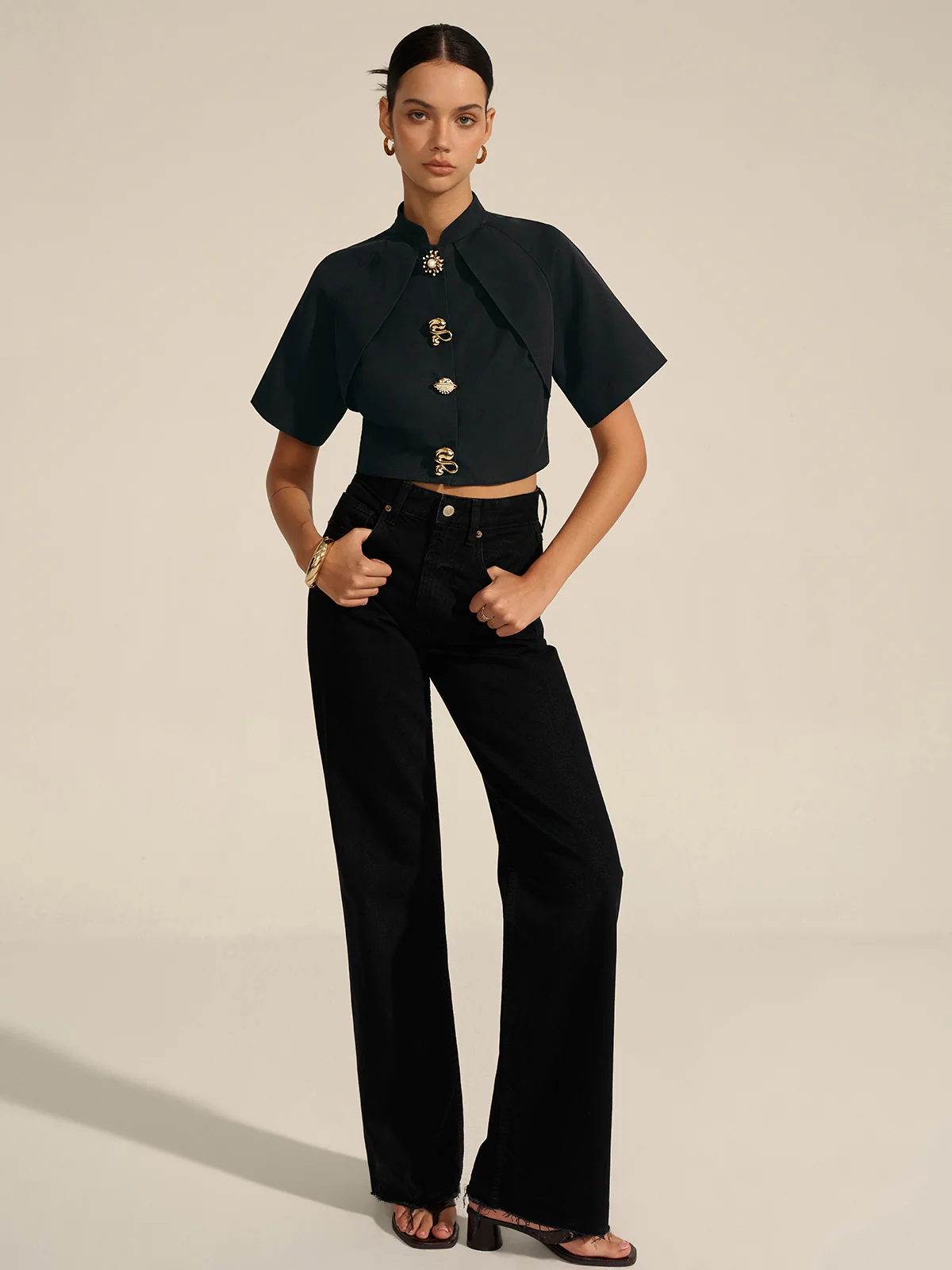 Metal Decor Cropped Blouse - Wholesalesil