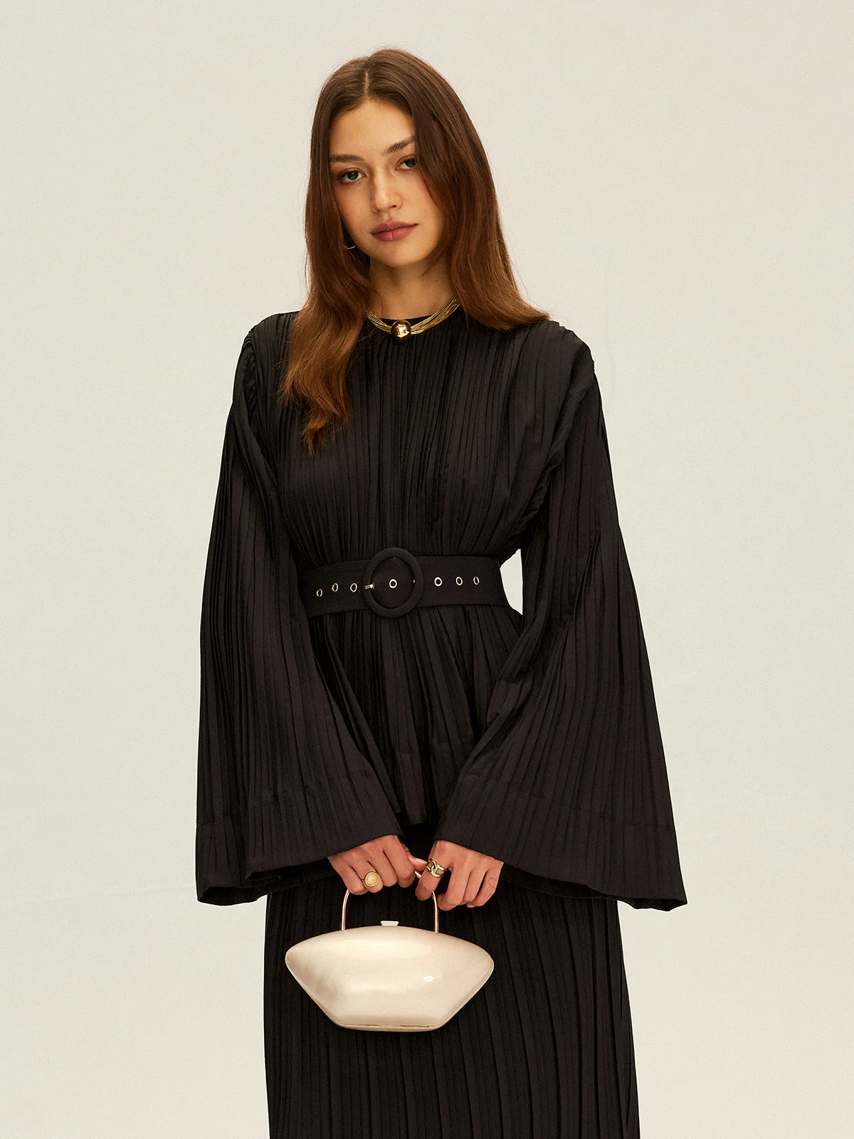 Pleated Bell Sleeve Belted Peplum Blouse - Wholesalesil