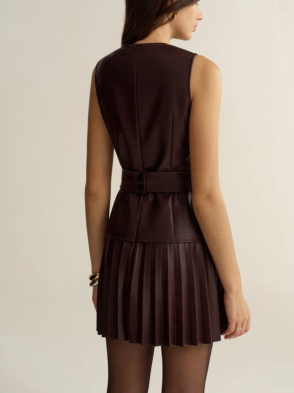 Belted Faux Leather Sleeveless Pleated Mini Dress - Wholesalesil