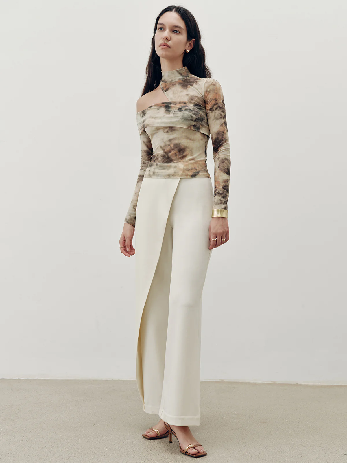 Tie-Dye Mesh One-Shoulder Long Sleeve Top - Wholesalesil