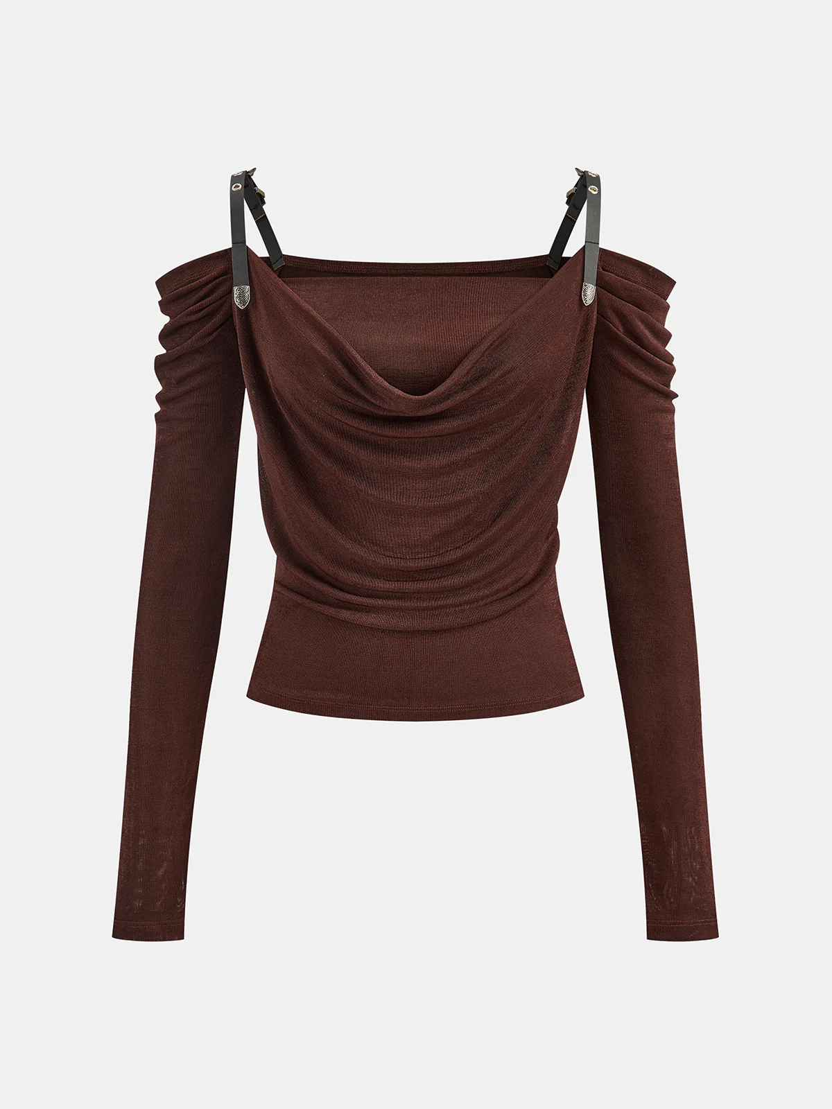 Faux Leather Strap Cowl Neck Top - Wholesalesil