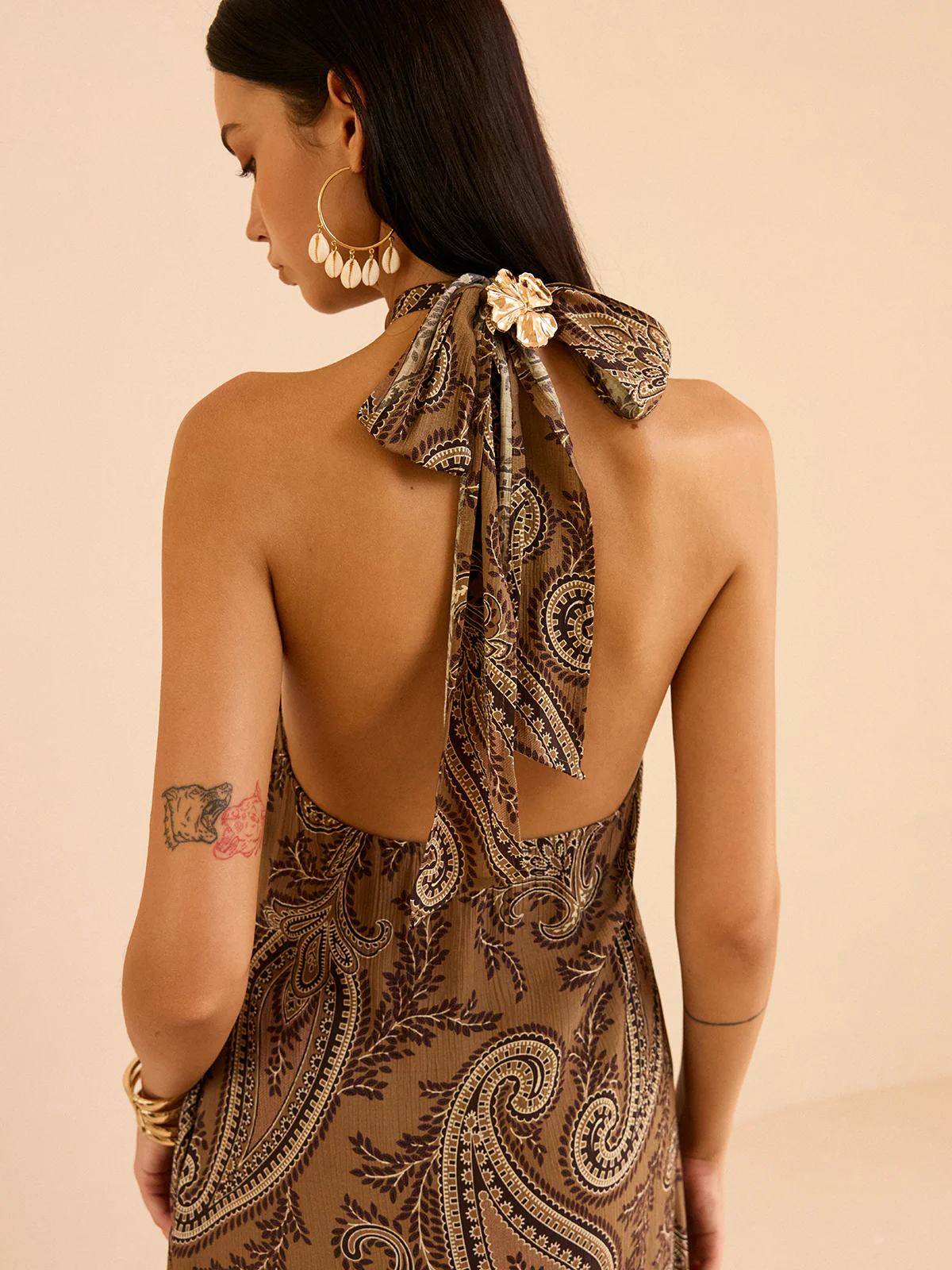 Paisley Print Halter Backless Maxi Dress - Wholesalesil