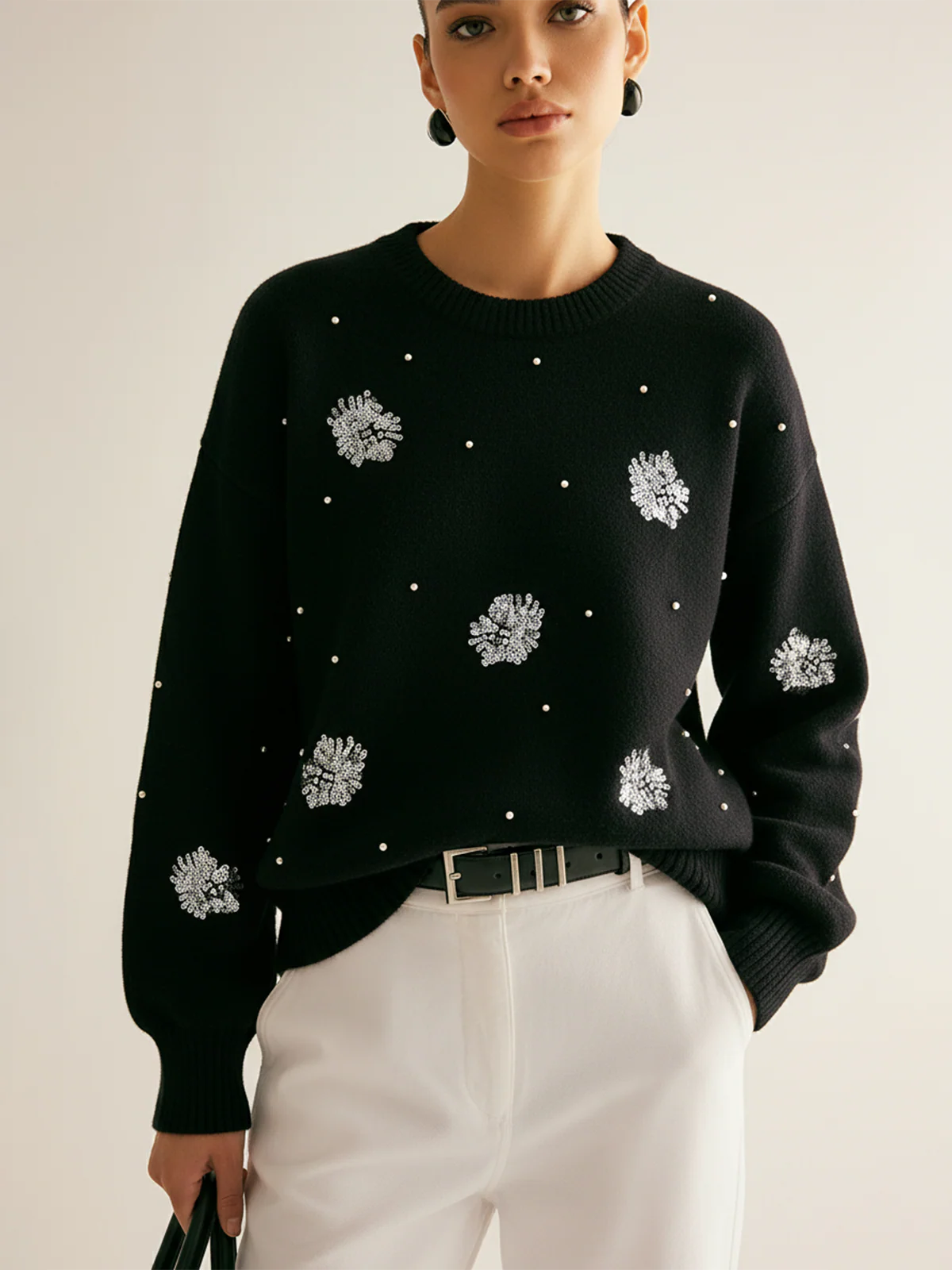 Sequin Floral & Pearl Accent Sweater - Wholesalesil