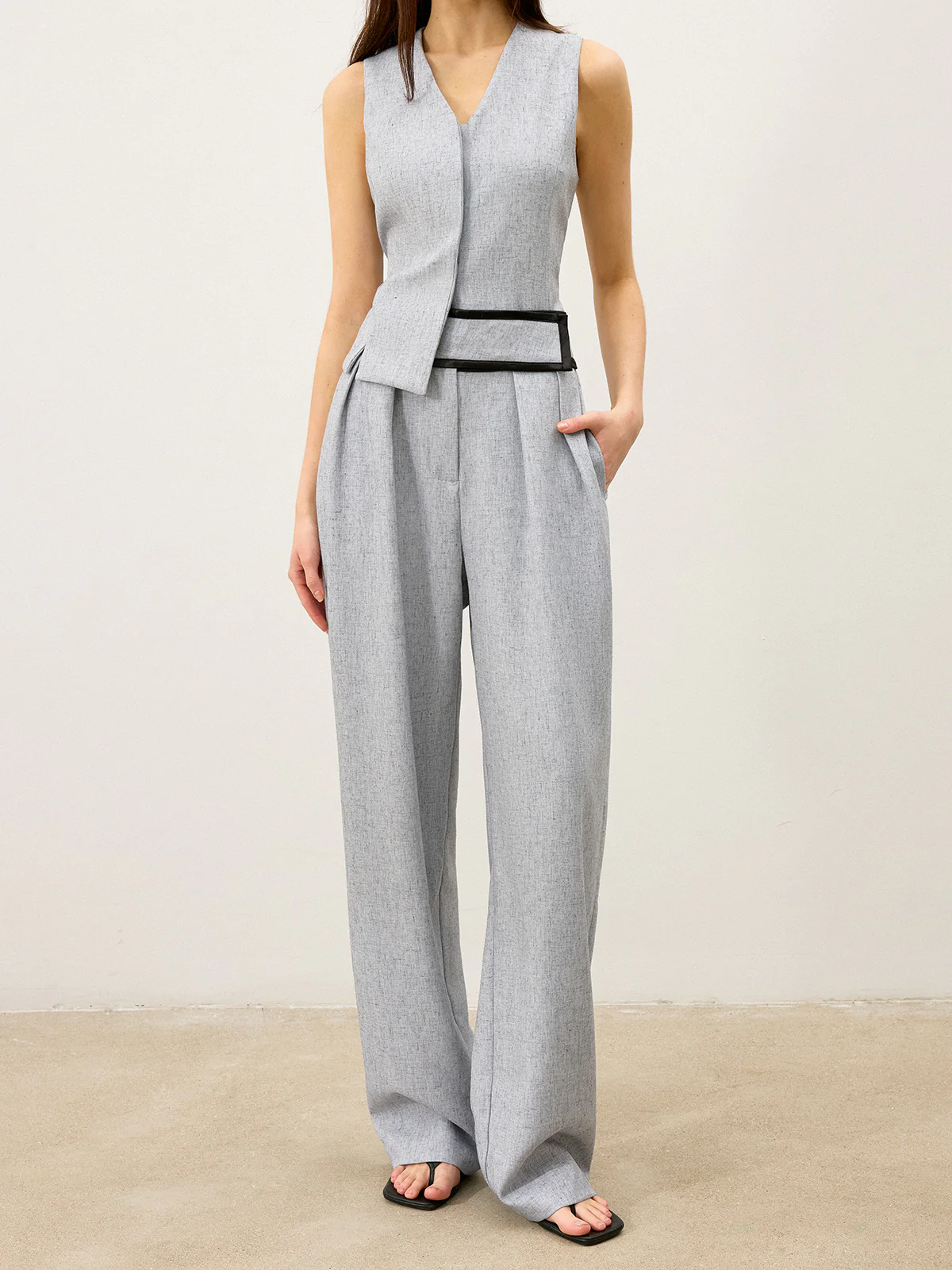 Contrast Waistband Wide - Leg Pants - Wholesalesil