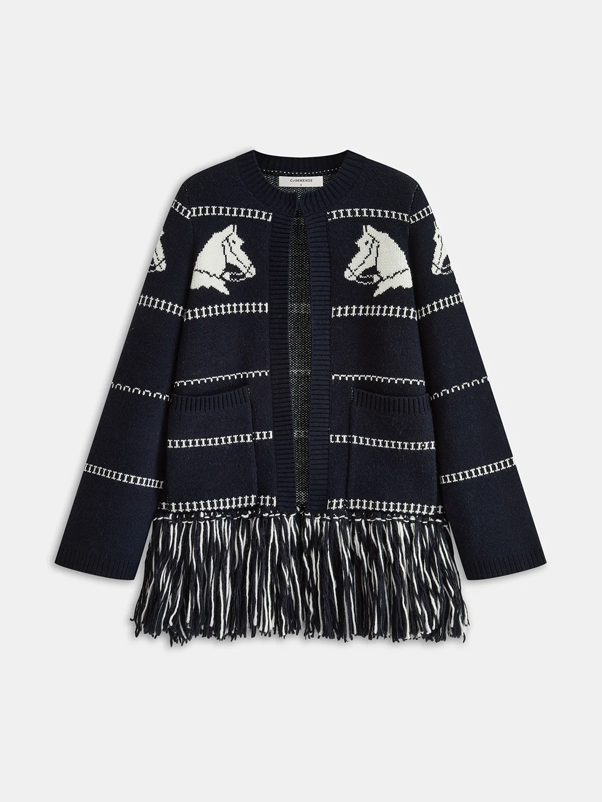 Horse-Pattern Wool Blend Fringe Cardigan - Wholesalesil
