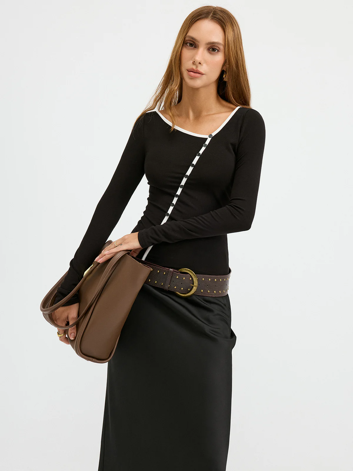 Contrast Trim Decor Button Asymmetric Collar Top - Wholesalesil