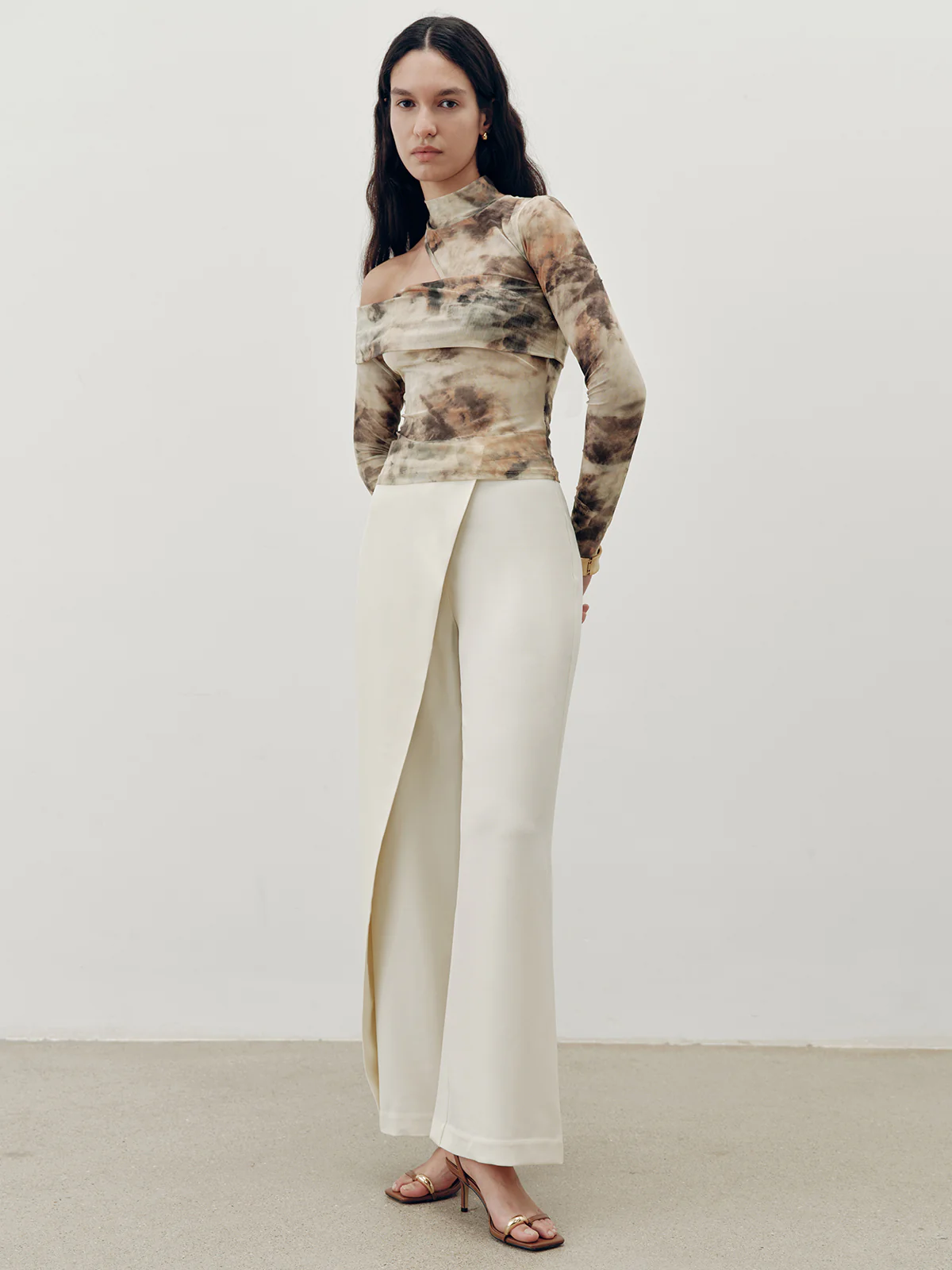 Tie-Dye Mesh One-Shoulder Long Sleeve Top - Wholesalesil