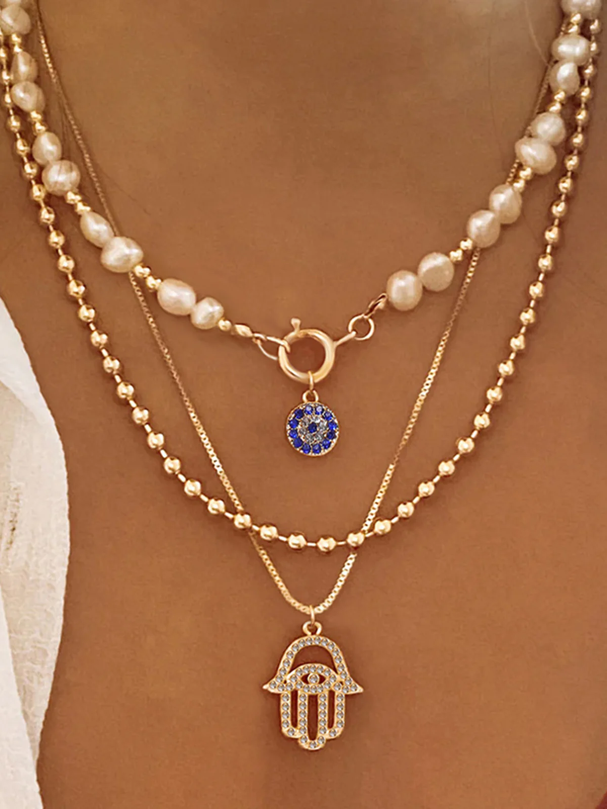 Pearl & Hamsa Hand Multi-Layer Necklace Set - Wholesalesil