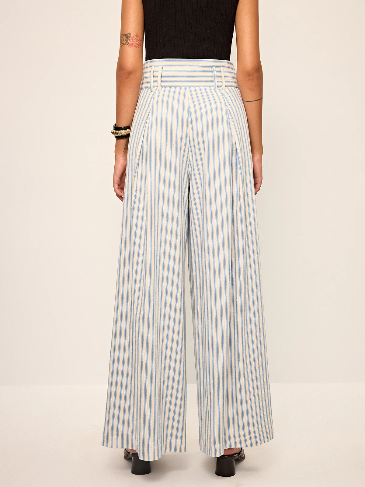 Cotton Striped Pleated Wide-Leg Pants - Wholesalesil