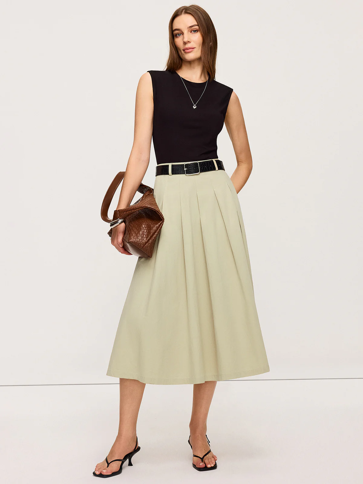 Belted Pleated Two-Tone Midi Dresses - Wholesalesil