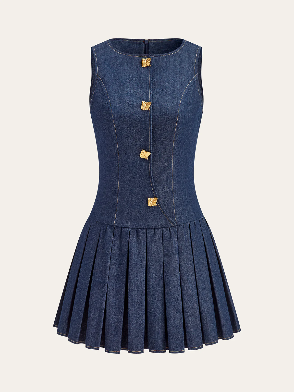 Metal Detail Denim Pleated Sleeveless Dress - Wholesalesil