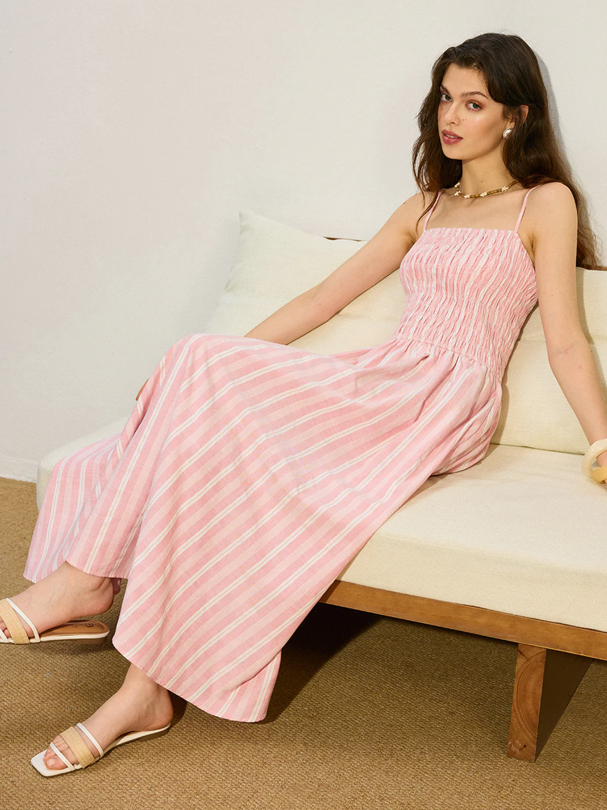 Pocketed Striped Shirred Maxi Dress - Wholesalesil
