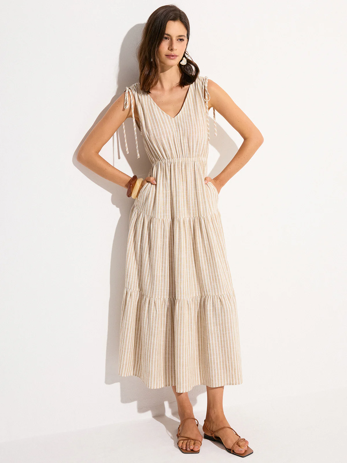 Pocketed Striped Linen & Cotton Tiered Maxi Dress - Wholesalesil