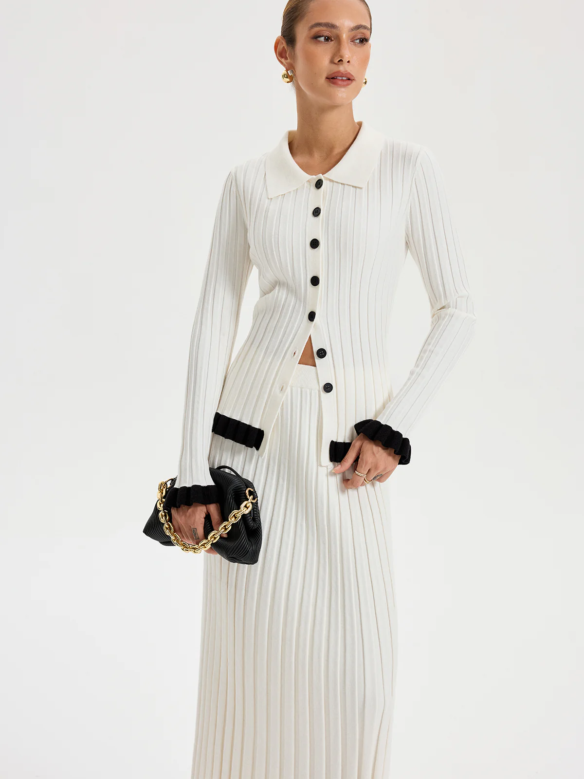 Rib-knit Cardigan with Contrasting Ruffles - Wholesalesil