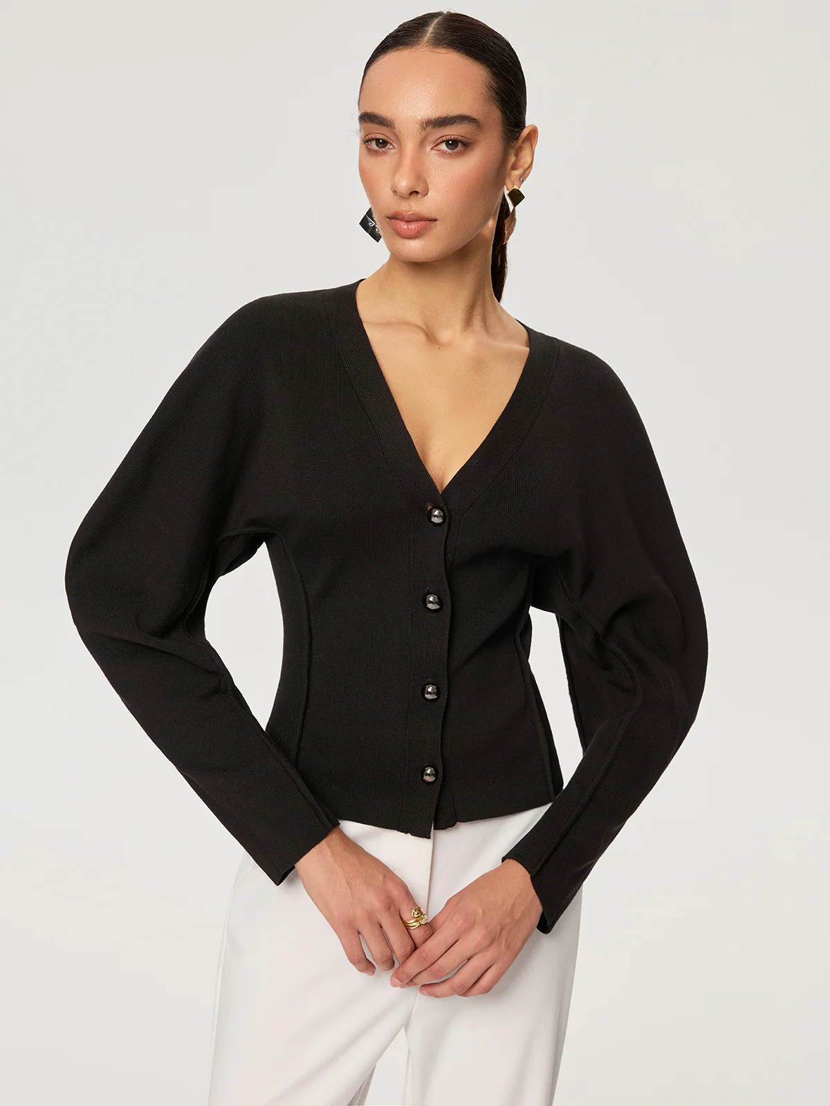 V-Neck Button-Front Puff Sleeve Cardigan - Wholesalesil