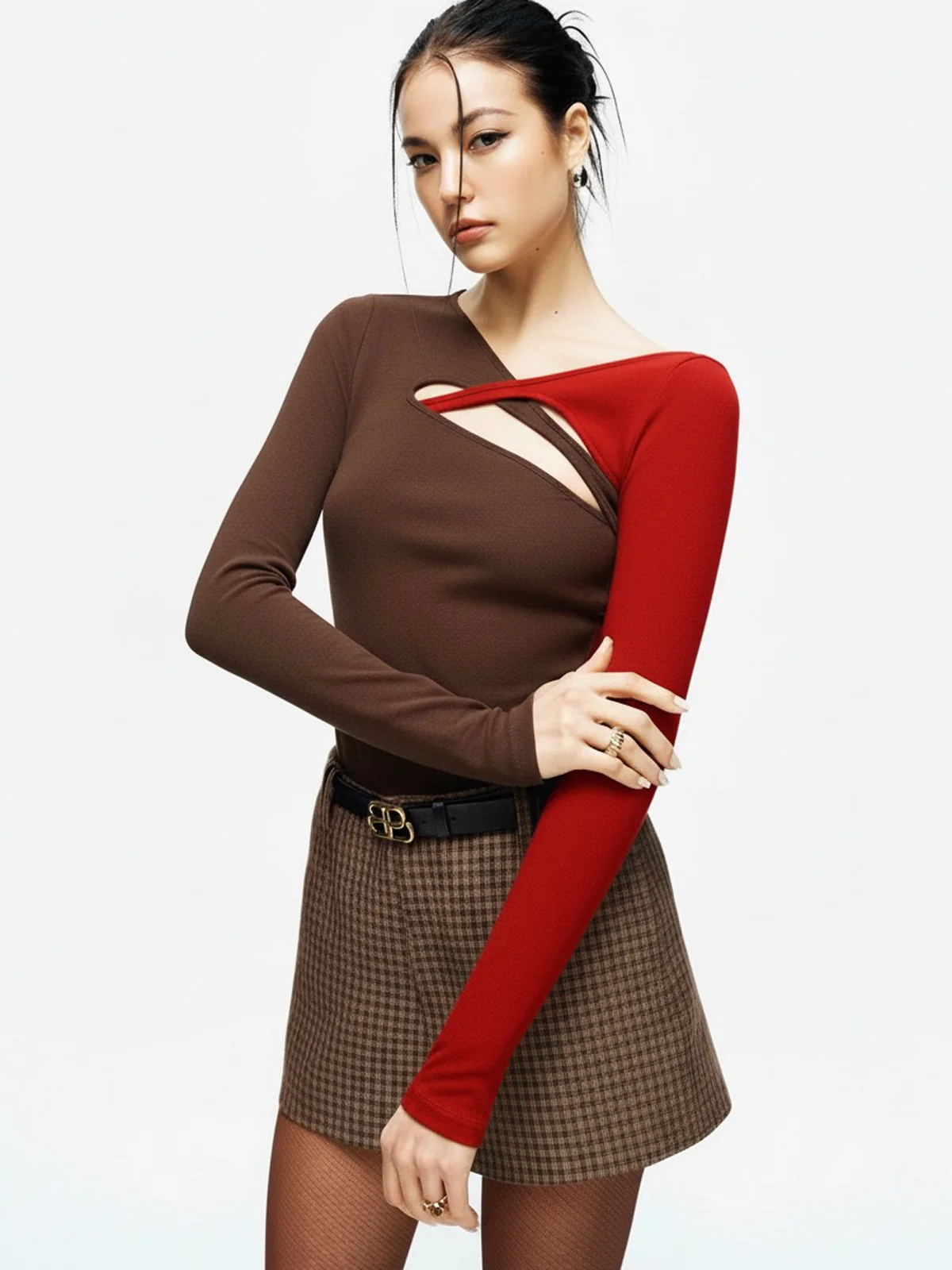 Asymmetric Two-Tone Cut-Out Long Sleeve Blouse - Wholesalesil