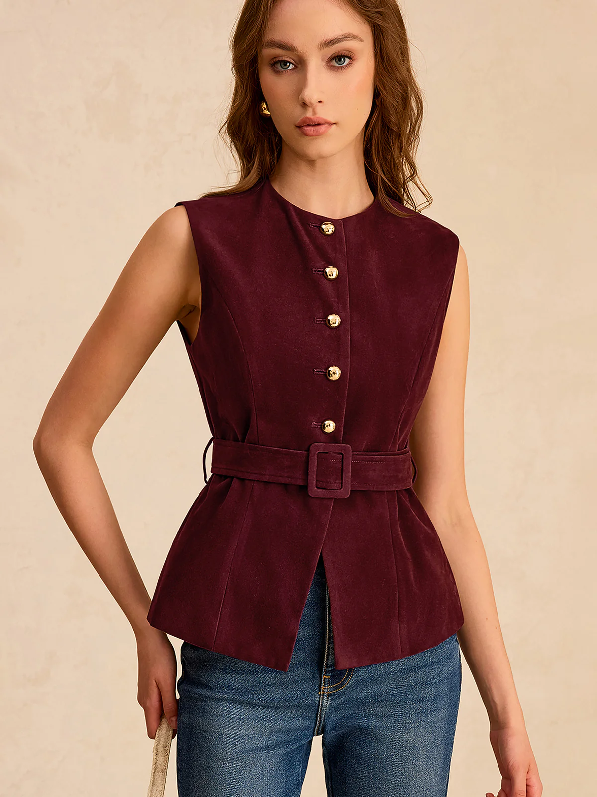 Suede Effect Vest with Belt - Wholesalesil