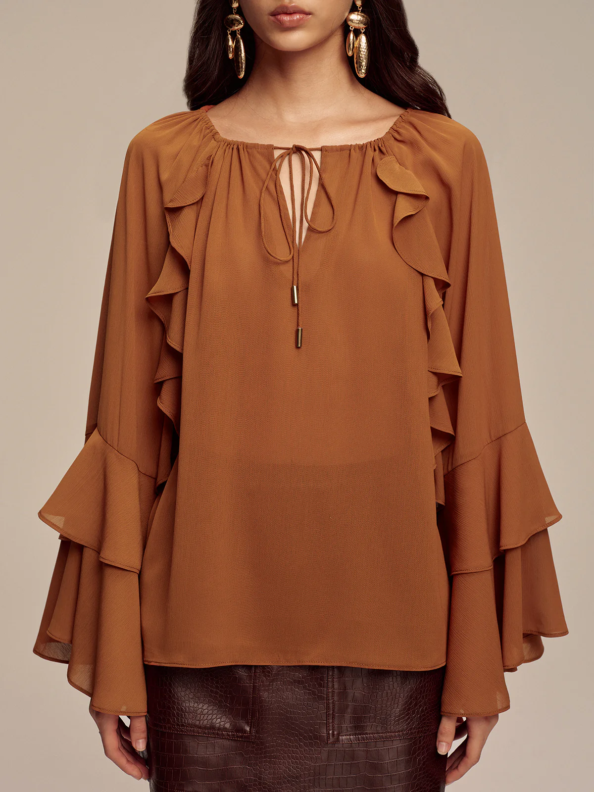 Chiffon Ruffled Tiered Sleeve Tie-Neck Blouse - Wholesalesil