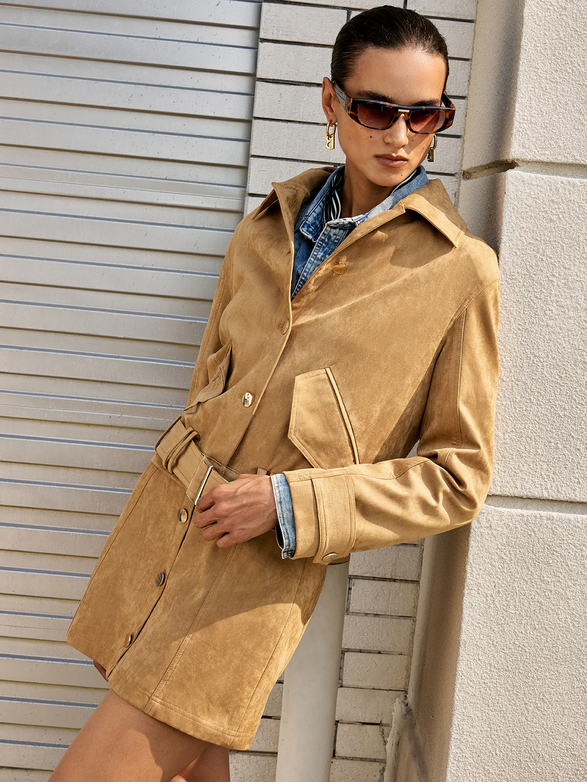 Belted Collared Suede Effect Jacket - Wholesalesil