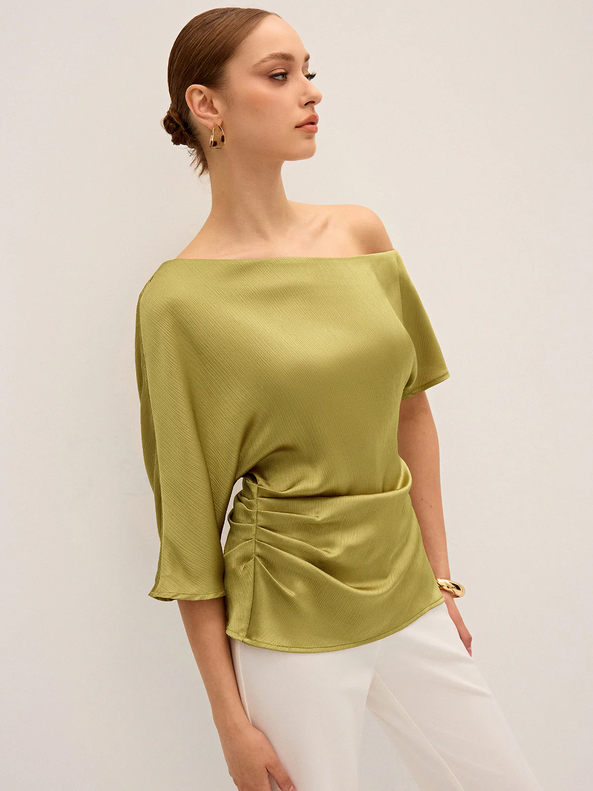 Satin One-Shoulder Ruched Top - Wholesalesil