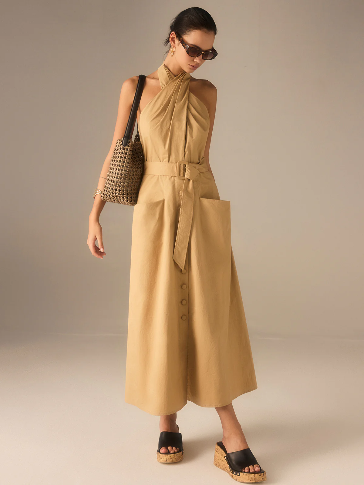 Cotton Pleated Halter Neck Belted Midi Dress - Wholesalesil