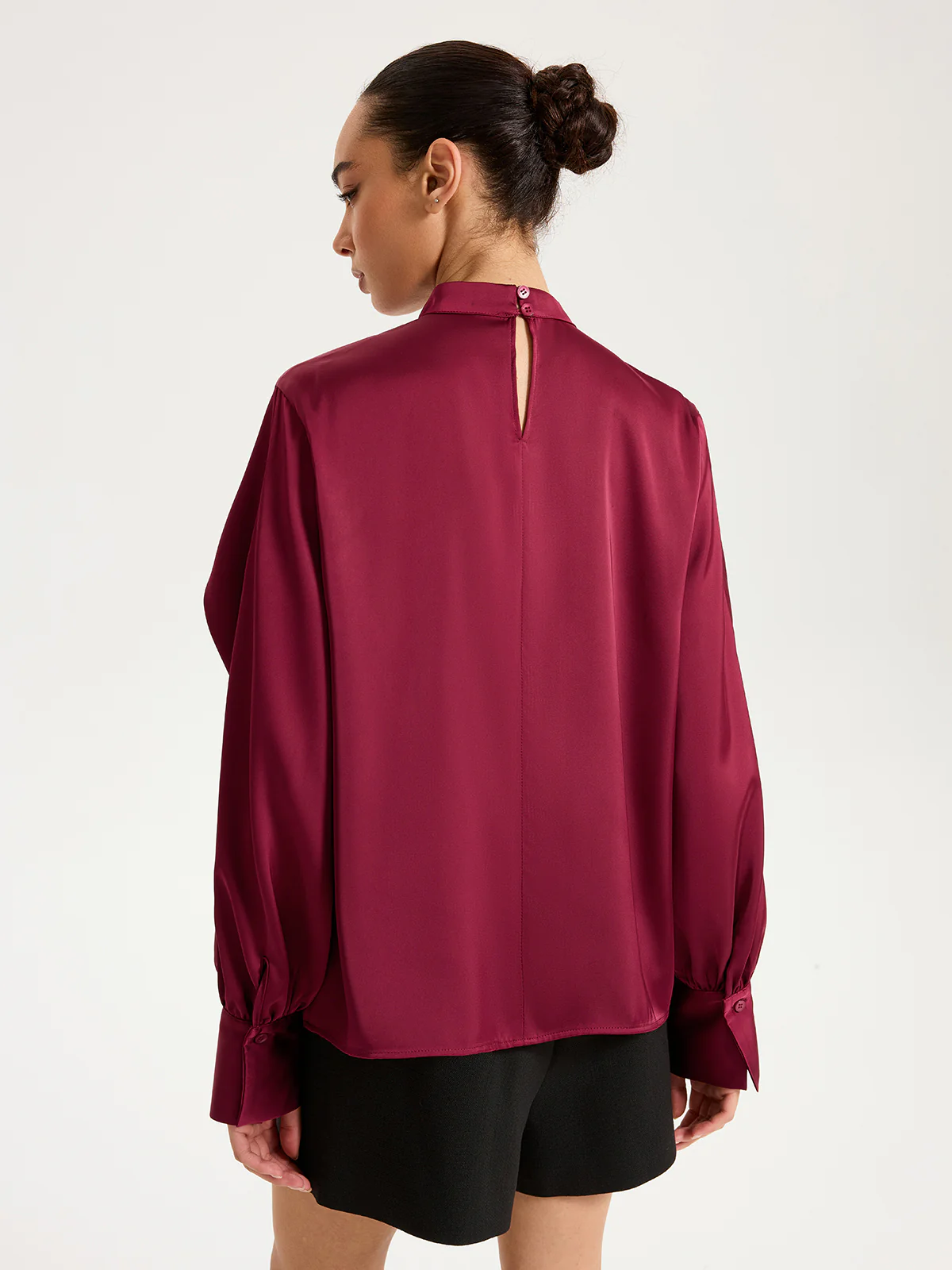 Satin Pleated Blouse with Cut-Out Sleeve - Wholesalesil