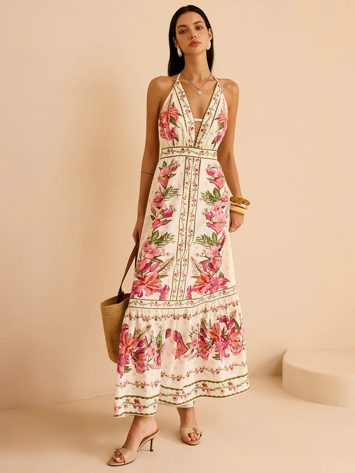 Floral Print Halter Backless Maxi Dress - Wholesalesil