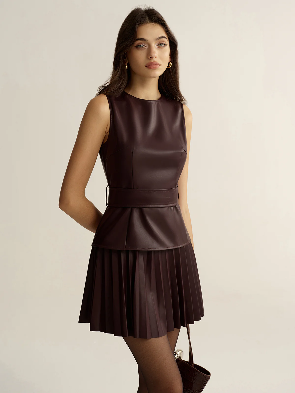 Belted Faux Leather Sleeveless Pleated Mini Dress - Wholesalesil