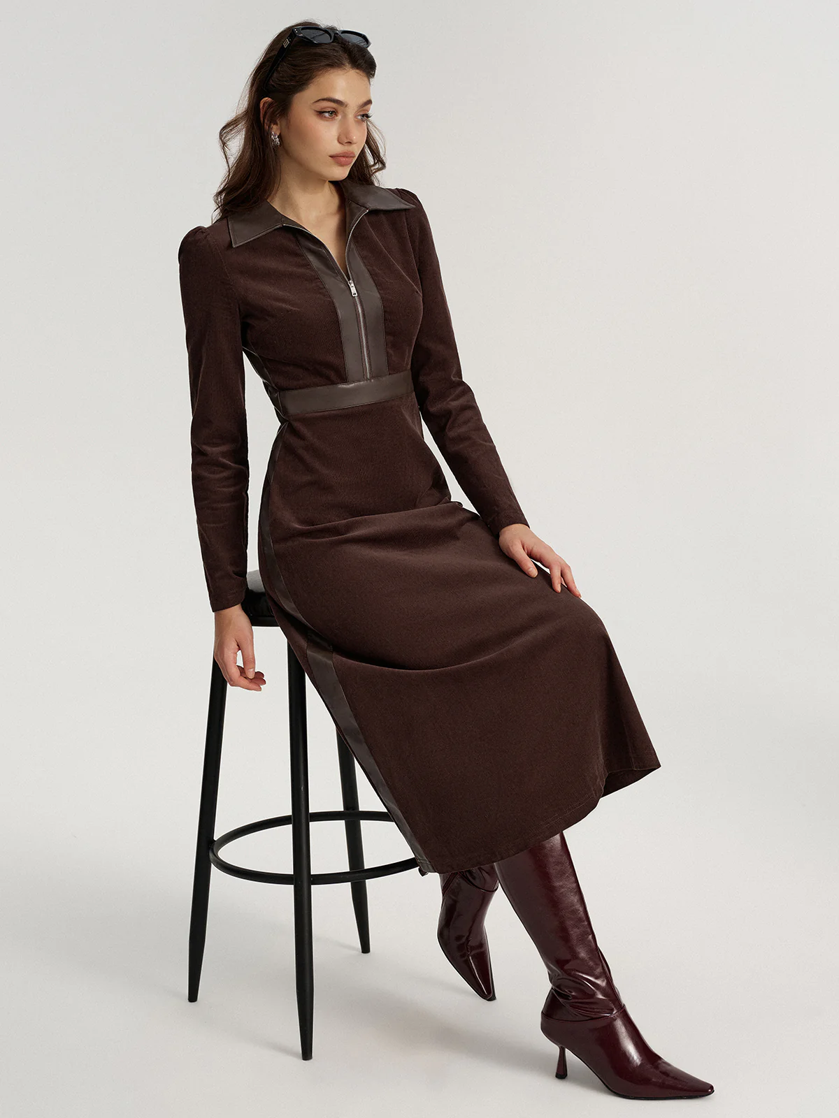 Faux Leather Panel Corduroy Midi Dress - Wholesalesil