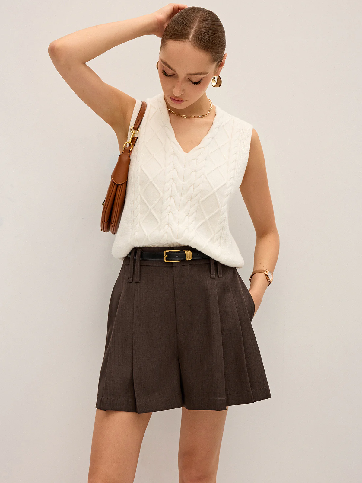 Pleated Mid-Waist Shorts without Belt - Wholesalesil