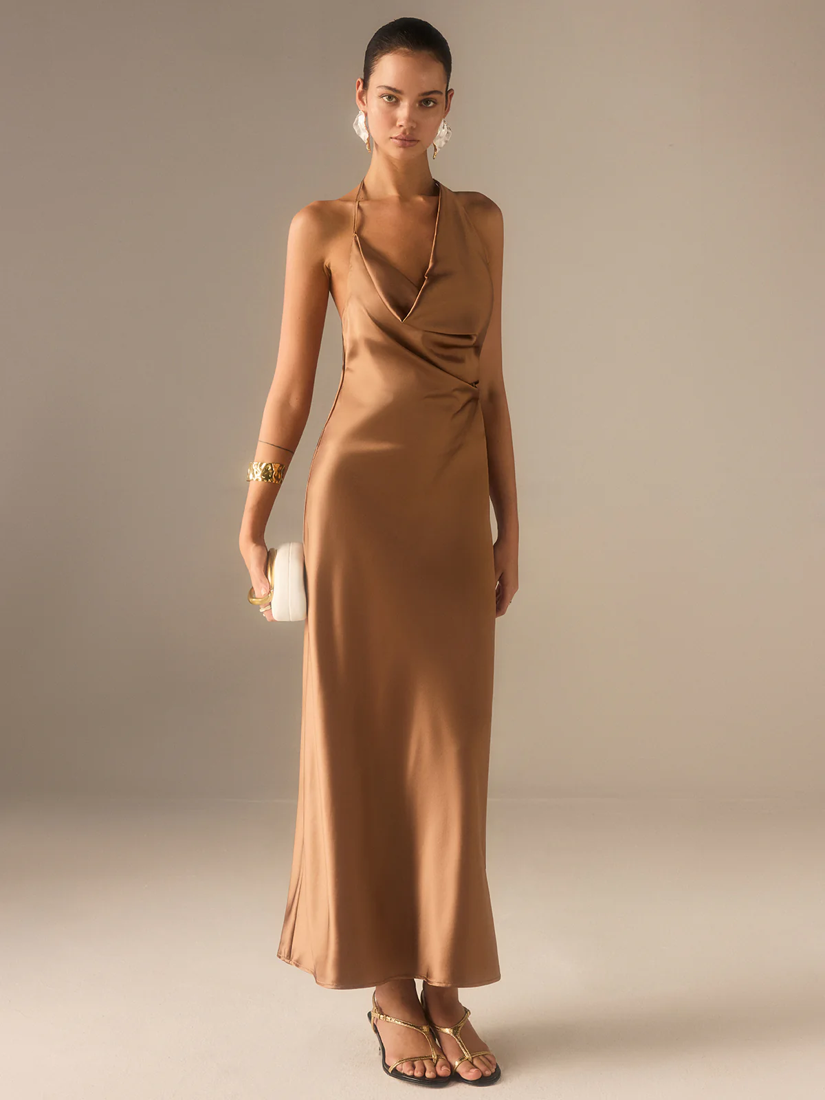 Satin Halter-Neck Backless Maxi Dress - Wholesalesil