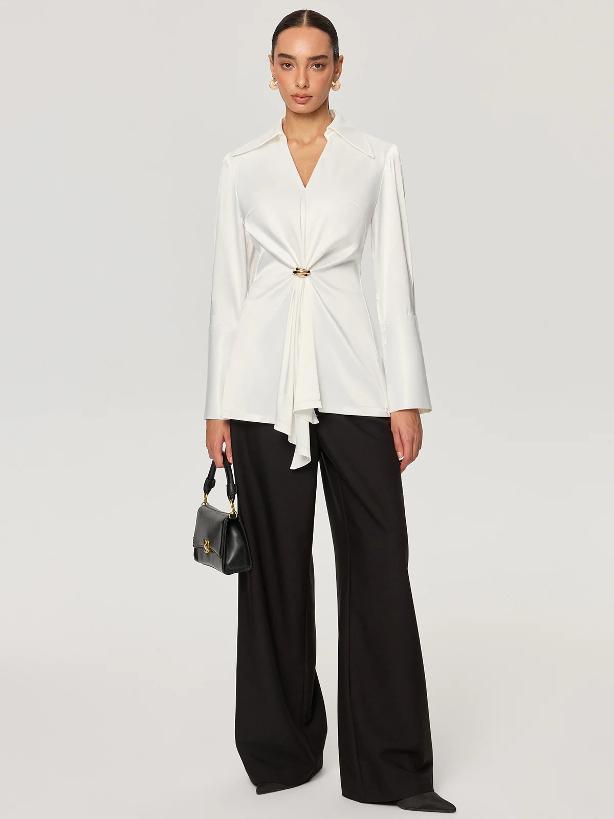 Metal Detail Cinching Satin V-Neck Blouse - Wholesalesil