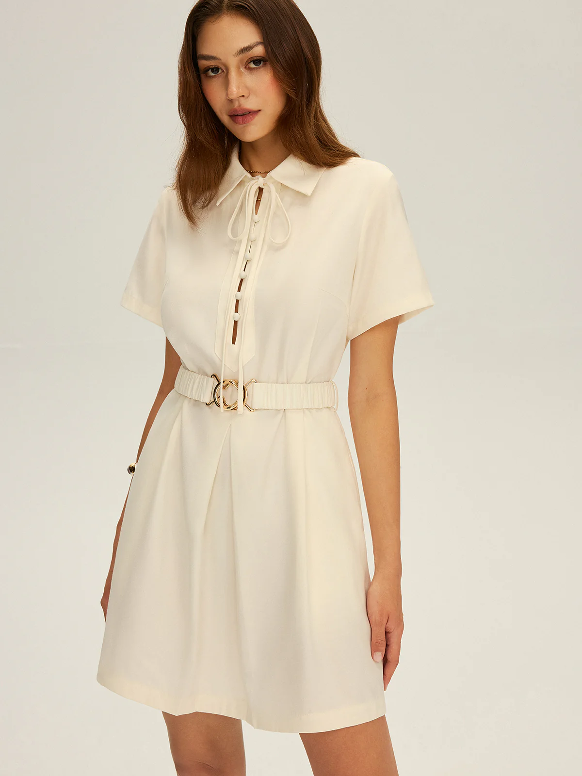 Tie-Neck Shirt Dress with Belt - Wholesalesil